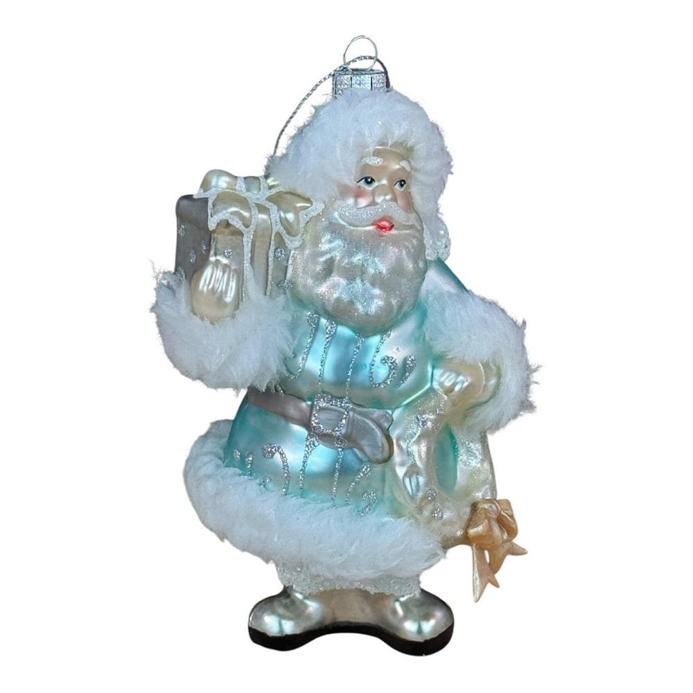 Vintage Frosted Santa Claus Christmas Ornament with Gift Glass Santa Ornament